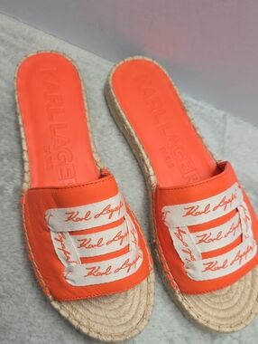 Karl Lagerfeld Orange Canvas-Trim Espadrille Slides